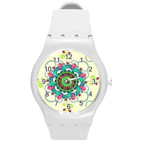 Mandala Flowers, Abstract, Butterflies, Floral, Pattern Round Plastic Sport Watch (M) from ArtsNow.com Front