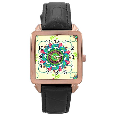 Mandala Flowers, Abstract, Butterflies, Floral, Pattern Rose Gold Leather Watch  from ArtsNow.com Front