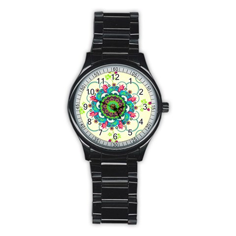 Mandala Flowers, Abstract, Butterflies, Floral, Pattern Stainless Steel Round Watch from ArtsNow.com Front