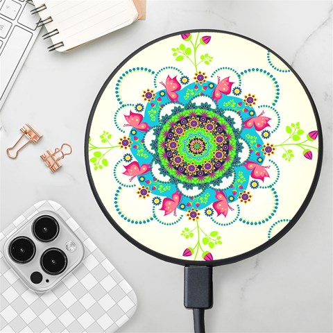 Mandala Flowers, Abstract, Butterflies, Floral, Pattern Wireless Fast Charger(Black) from ArtsNow.com Front