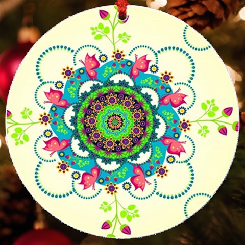 Mandala Flowers, Abstract, Butterflies, Floral, Pattern UV Print Acrylic Ornament Round from ArtsNow.com Front