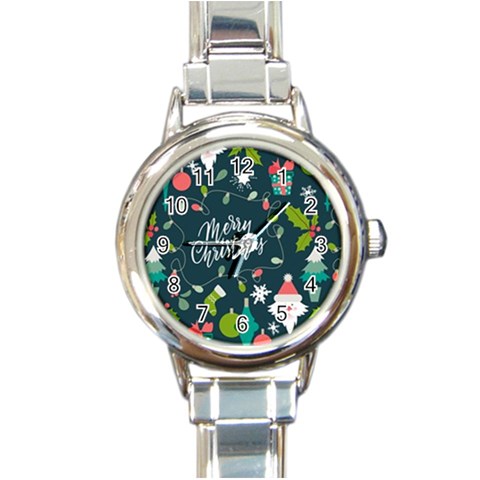 Merry Christmas, Happy New Year, Christmas Seamless Texture Round Italian Charm Watch from ArtsNow.com Front