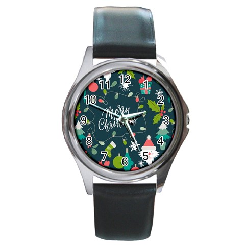 Merry Christmas, Happy New Year, Christmas Seamless Texture Round Metal Watch from ArtsNow.com Front