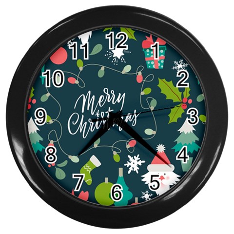 Merry Christmas, Happy New Year, Christmas Seamless Texture Wall Clock (Black) from ArtsNow.com Front