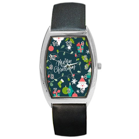 Merry Christmas, Happy New Year, Christmas Seamless Texture Barrel Style Metal Watch from ArtsNow.com Front