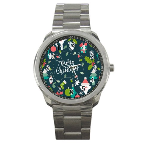 Merry Christmas, Happy New Year, Christmas Seamless Texture Sport Metal Watch from ArtsNow.com Front