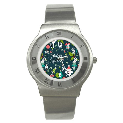 Merry Christmas, Happy New Year, Christmas Seamless Texture Stainless Steel Watch from ArtsNow.com Front