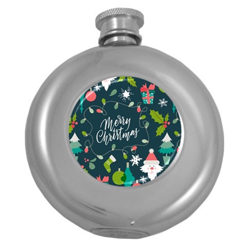 Merry Christmas, Happy New Year, Christmas Seamless Texture Round Hip Flask (5 oz) from ArtsNow.com Front