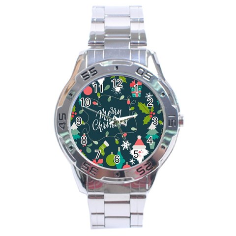 Merry Christmas, Happy New Year, Christmas Seamless Texture Stainless Steel Analogue Watch from ArtsNow.com Front