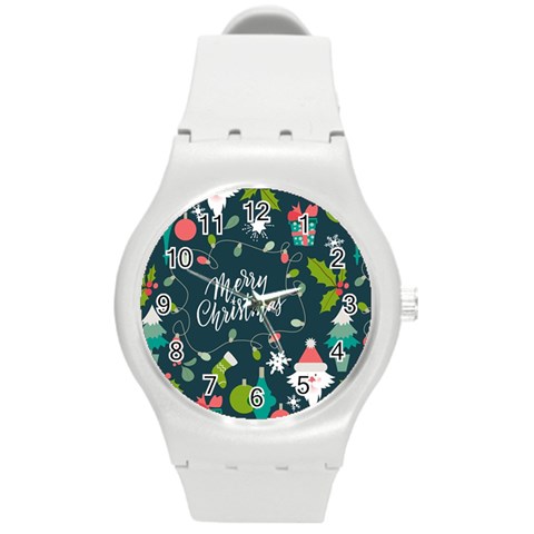 Merry Christmas, Happy New Year, Christmas Seamless Texture Round Plastic Sport Watch (M) from ArtsNow.com Front