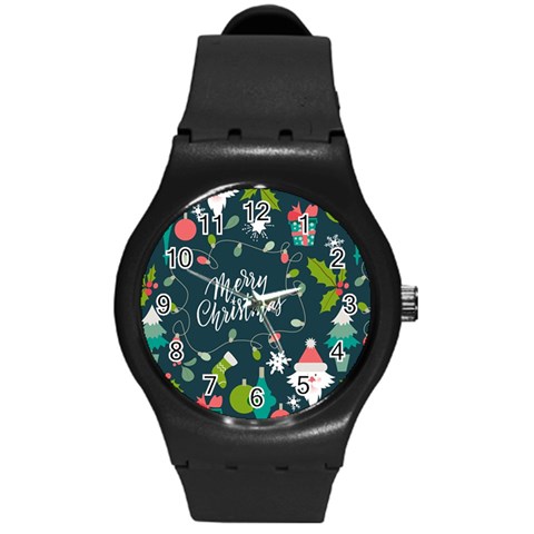 Merry Christmas, Happy New Year, Christmas Seamless Texture Round Plastic Sport Watch (M) from ArtsNow.com Front