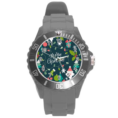 Merry Christmas, Happy New Year, Christmas Seamless Texture Round Plastic Sport Watch (L) from ArtsNow.com Front