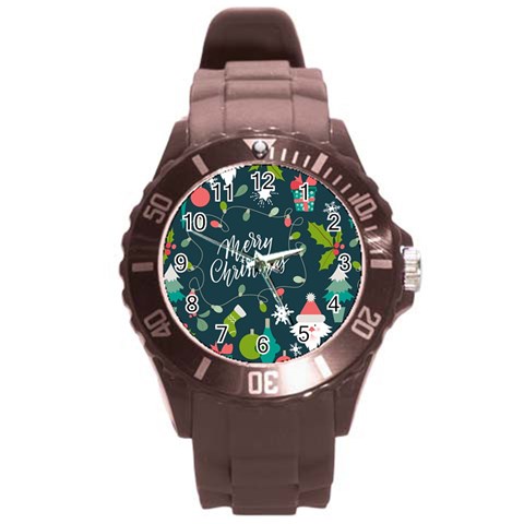 Merry Christmas, Happy New Year, Christmas Seamless Texture Round Plastic Sport Watch (L) from ArtsNow.com Front