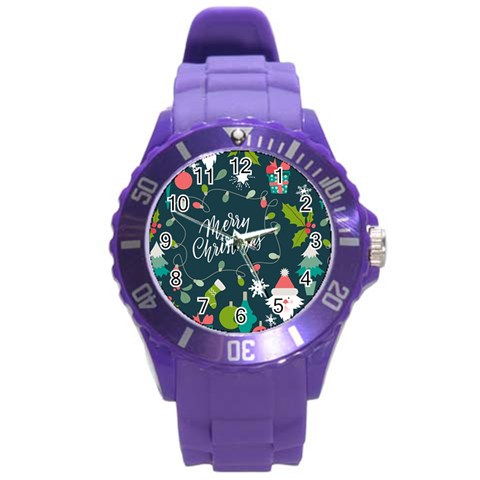 Merry Christmas, Happy New Year, Christmas Seamless Texture Round Plastic Sport Watch (L) from ArtsNow.com Front