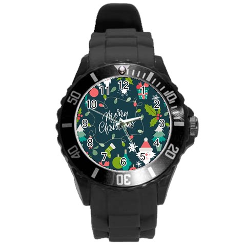 Merry Christmas, Happy New Year, Christmas Seamless Texture Round Plastic Sport Watch (L) from ArtsNow.com Front