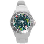 Merry Christmas, Happy New Year, Christmas Seamless Texture Round Plastic Sport Watch (L)