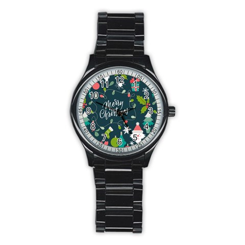 Merry Christmas, Happy New Year, Christmas Seamless Texture Stainless Steel Round Watch from ArtsNow.com Front