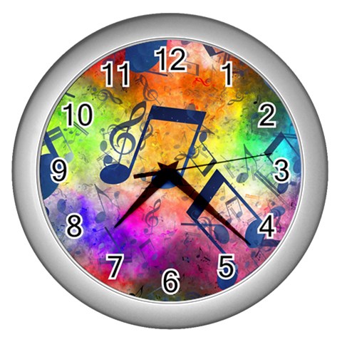 Music Texture, Grunge Music Background Wall Clock (Silver) from ArtsNow.com Front