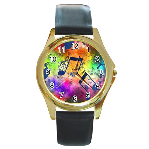 Music Texture, Grunge Music Background Round Gold Metal Watch from ArtsNow.com Front