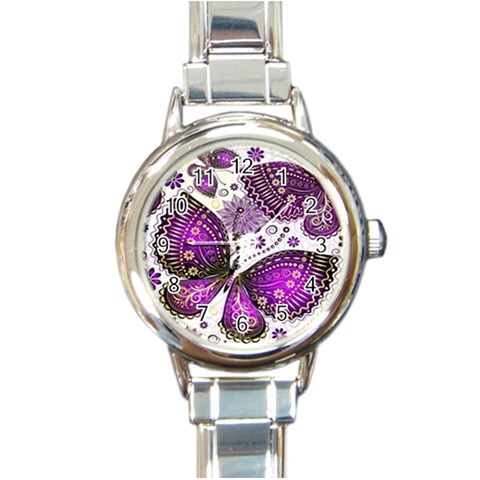 Purple Butterflies, Abstract, Floral, Flowers Round Italian Charm Watch from ArtsNow.com Front