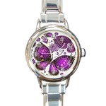 Purple Butterflies, Abstract, Floral, Flowers Round Italian Charm Watch