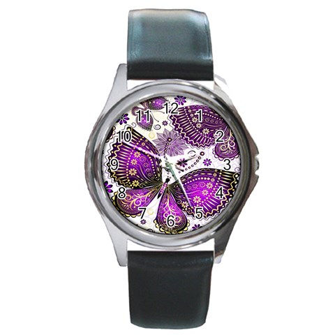 Purple Butterflies, Abstract, Floral, Flowers Round Metal Watch from ArtsNow.com Front