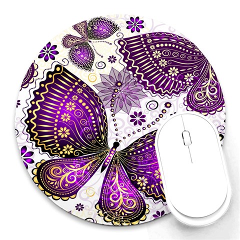 Purple Butterflies, Abstract, Floral, Flowers Round Mousepad from ArtsNow.com Front