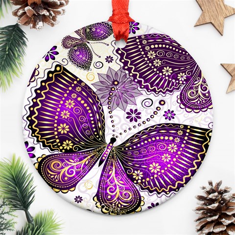 Purple Butterflies, Abstract, Floral, Flowers Ornament (Round) from ArtsNow.com Front