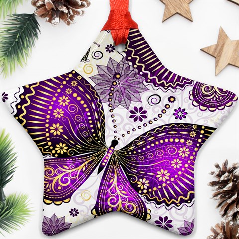 Purple Butterflies, Abstract, Floral, Flowers Ornament (Star) from ArtsNow.com Front