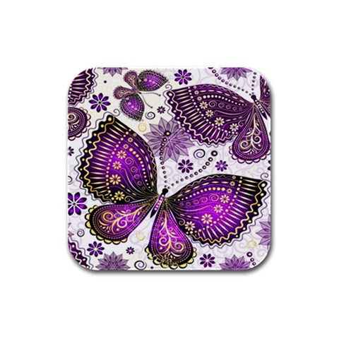 Purple Butterflies, Abstract, Floral, Flowers Rubber Square Coaster (4 pack) from ArtsNow.com Front