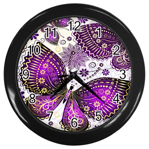 Purple Butterflies, Abstract, Floral, Flowers Wall Clock (Black) from ArtsNow.com Front