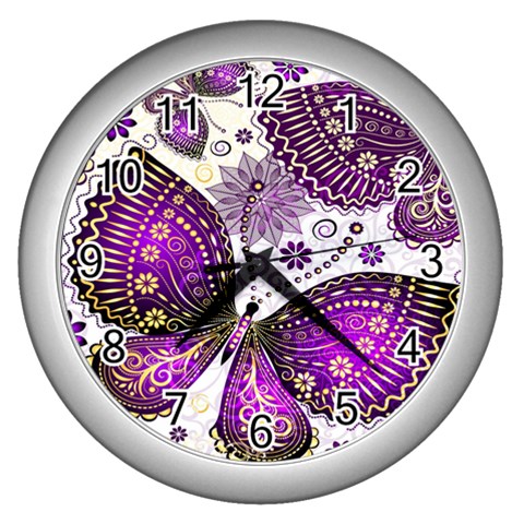 Purple Butterflies, Abstract, Floral, Flowers Wall Clock (Silver) from ArtsNow.com Front