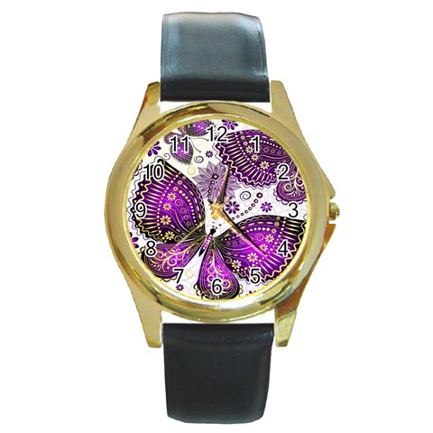 Purple Butterflies, Abstract, Floral, Flowers Round Gold Metal Watch from ArtsNow.com Front