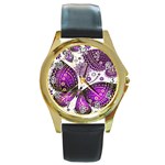 Purple Butterflies, Abstract, Floral, Flowers Round Gold Metal Watch