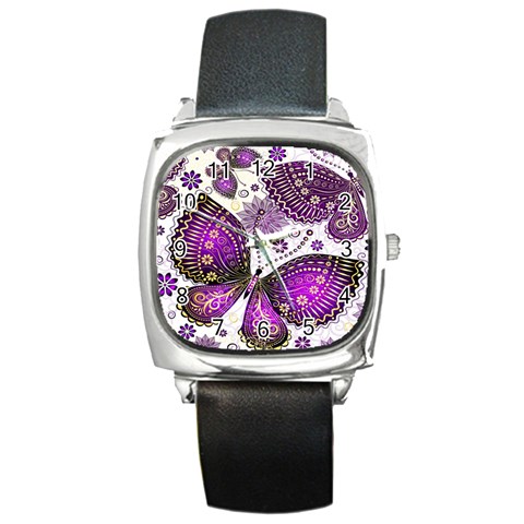 Purple Butterflies, Abstract, Floral, Flowers Square Metal Watch from ArtsNow.com Front