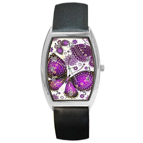 Purple Butterflies, Abstract, Floral, Flowers Barrel Style Metal Watch from ArtsNow.com Front