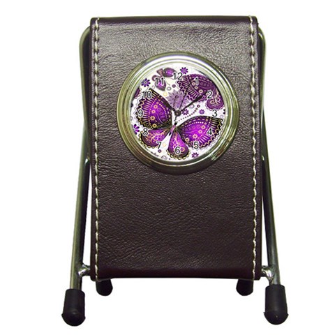 Purple Butterflies, Abstract, Floral, Flowers Pen Holder Desk Clock from ArtsNow.com Front