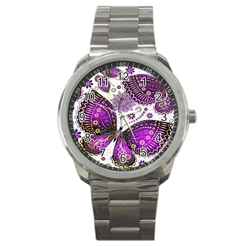 Purple Butterflies, Abstract, Floral, Flowers Sport Metal Watch from ArtsNow.com Front