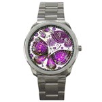 Purple Butterflies, Abstract, Floral, Flowers Sport Metal Watch