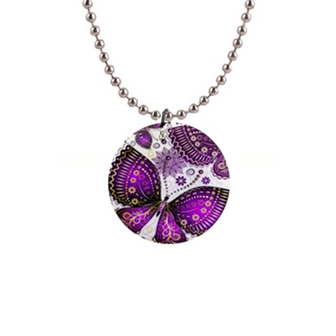 Purple Butterflies, Abstract, Floral, Flowers 1  Button Necklace from ArtsNow.com Front