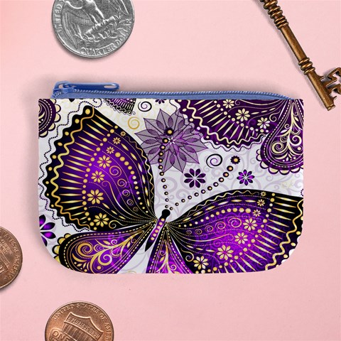 Purple Butterflies, Abstract, Floral, Flowers Mini Coin Purse from ArtsNow.com Front