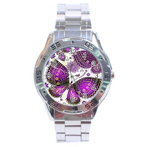 Purple Butterflies, Abstract, Floral, Flowers Stainless Steel Analogue Watch from ArtsNow.com Front