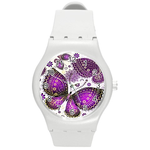 Purple Butterflies, Abstract, Floral, Flowers Round Plastic Sport Watch (M) from ArtsNow.com Front