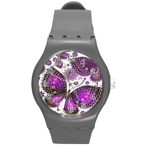 Purple Butterflies, Abstract, Floral, Flowers Round Plastic Sport Watch (M) from ArtsNow.com Front