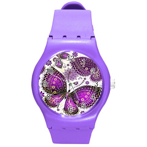 Purple Butterflies, Abstract, Floral, Flowers Round Plastic Sport Watch (M) from ArtsNow.com Front