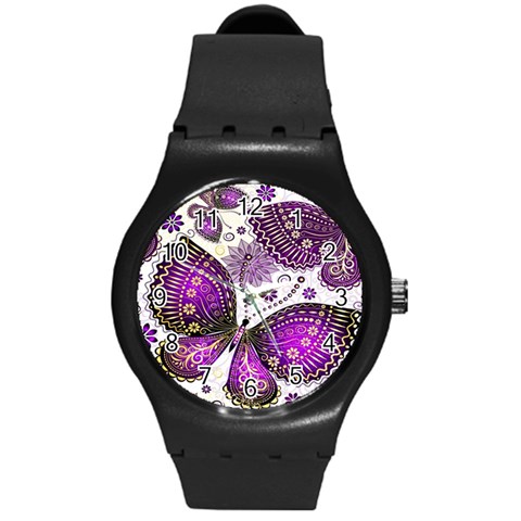 Purple Butterflies, Abstract, Floral, Flowers Round Plastic Sport Watch (M) from ArtsNow.com Front