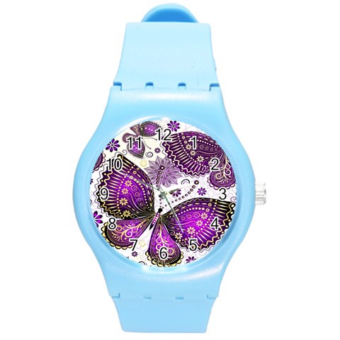 Purple Butterflies, Abstract, Floral, Flowers Round Plastic Sport Watch (M) from ArtsNow.com Front