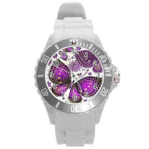 Purple Butterflies, Abstract, Floral, Flowers Round Plastic Sport Watch (L) from ArtsNow.com Front