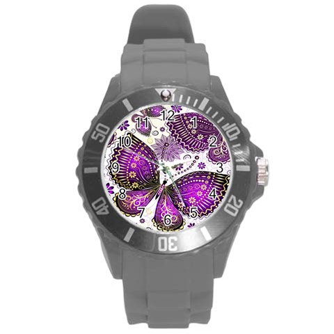 Purple Butterflies, Abstract, Floral, Flowers Round Plastic Sport Watch (L) from ArtsNow.com Front