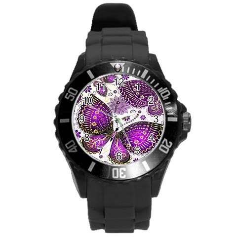 Purple Butterflies, Abstract, Floral, Flowers Round Plastic Sport Watch (L) from ArtsNow.com Front